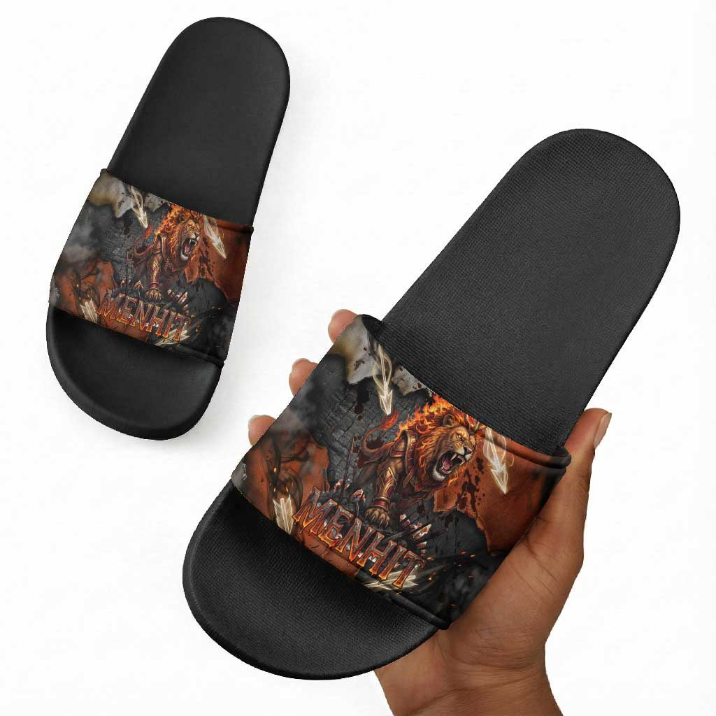 Menhit Egyptian Slide Sandals Warrior Goddess Fiery Lion Eye Arrows and Blood Battle