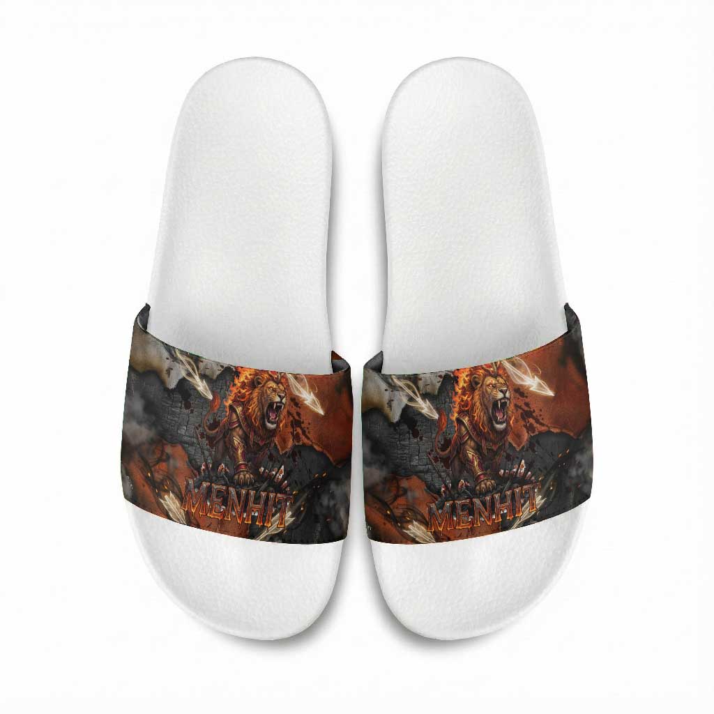 Menhit Egyptian Slide Sandals Warrior Goddess Fiery Lion Eye Arrows and Blood Battle