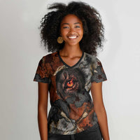 Menhit Egyptian Women V-Neck T-Shirt Warrior Goddess Fiery Lion Eye Arrows and Blood Battle