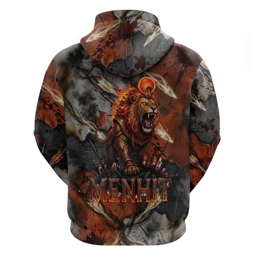 Menhit Egyptian Zip Hoodie Warrior Goddess Fiery Lion Eye Arrows and Blood Battle