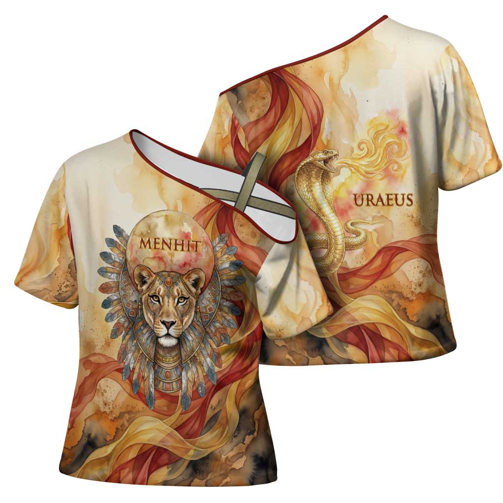 Menhit Cross Shoulder Shirt Lioness Warrior Goddess Uraeus Serpent Fire and Feathers Ancient Egyptian
