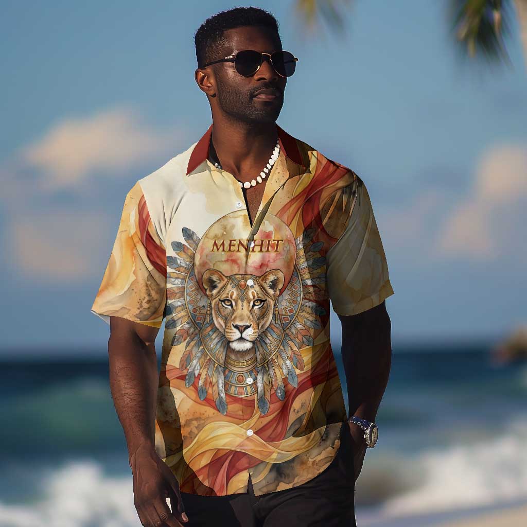 Menhit Hawaiian Shirt Lioness Warrior Goddess Uraeus Serpent Fire and Feathers Ancient Egyptian