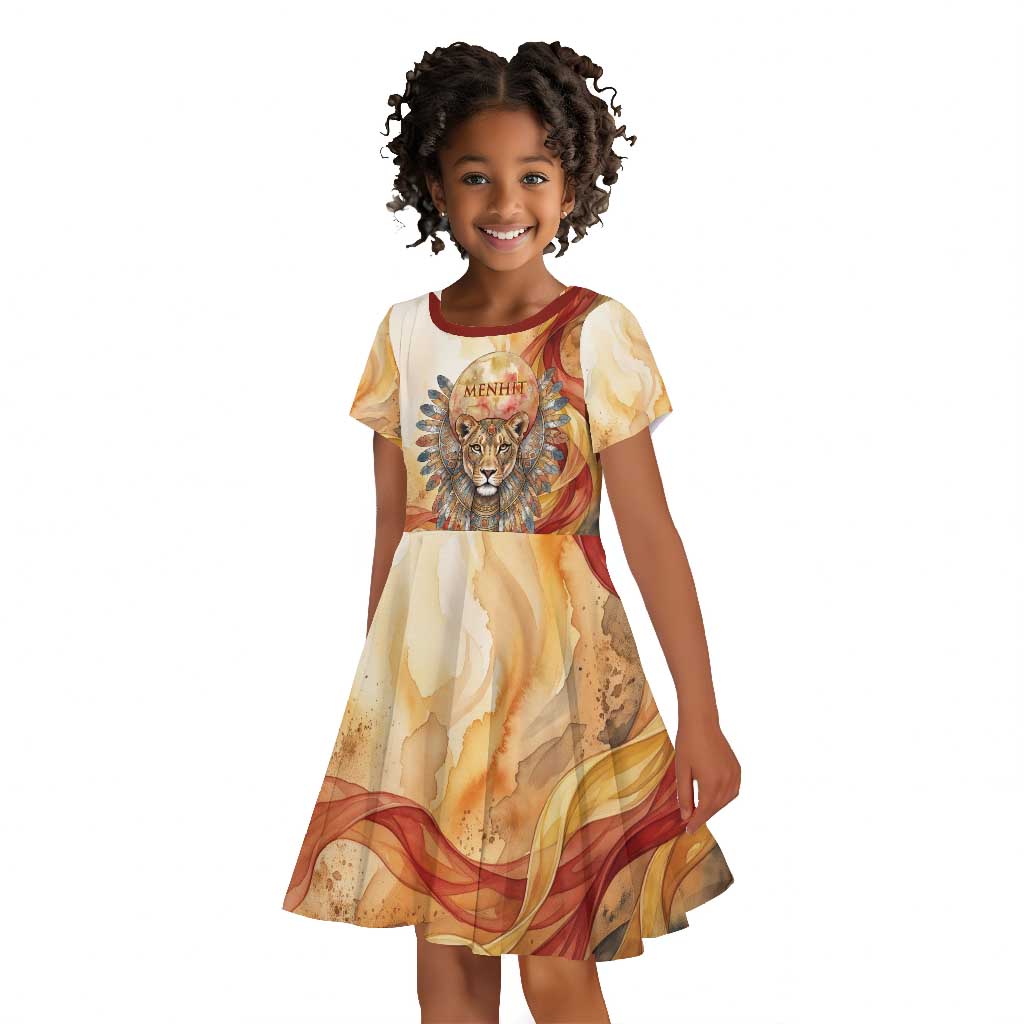 Menhit Kid Short Sleeve Dress Lioness Warrior Goddess Uraeus Serpent Fire and Feathers Ancient Egyptian