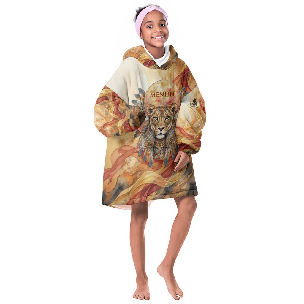 Menhit Kid Wearable Blanket Hoodie Lioness Warrior Goddess Uraeus Serpent Fire and Feathers Ancient Egyptian