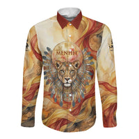 Menhit Long Sleeve Button Shirt Lioness Warrior Goddess Uraeus Serpent Fire and Feathers Ancient Egyptian