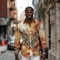 Menhit Long Sleeve Button Shirt Lioness Warrior Goddess Uraeus Serpent Fire and Feathers Ancient Egyptian