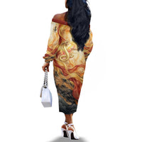 Menhit Off The Shoulder Long Sleeve Dress Lioness Warrior Goddess Uraeus Serpent Fire and Feathers Ancient Egyptian