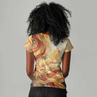 Menhit Women V-Neck T-Shirt Lioness Warrior Goddess Uraeus Serpent Fire and Feathers Ancient Egyptian