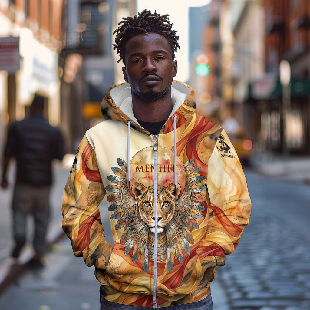 Menhit Zip Hoodie Lioness Warrior Goddess Uraeus Serpent Fire and Feathers Ancient Egyptian
