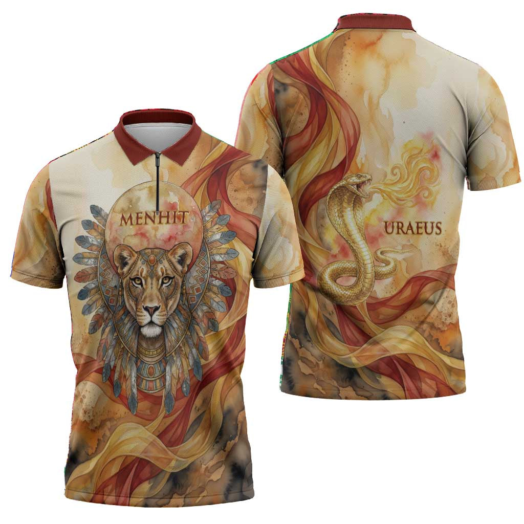 Menhit Zipper Polo Shirt Lioness Warrior Goddess Uraeus Serpent Fire and Feathers Ancient Egyptian