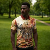 Menhit Zipper Polo Shirt Lioness Warrior Goddess Uraeus Serpent Fire and Feathers Ancient Egyptian