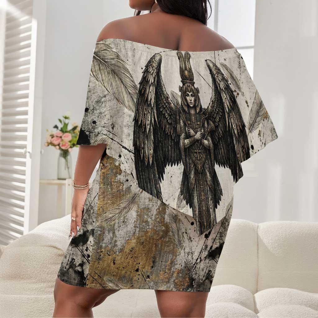 Mut Off Shoulder Short Dress Vulture Queen Egyptian Mother Goddess Wings Feathers