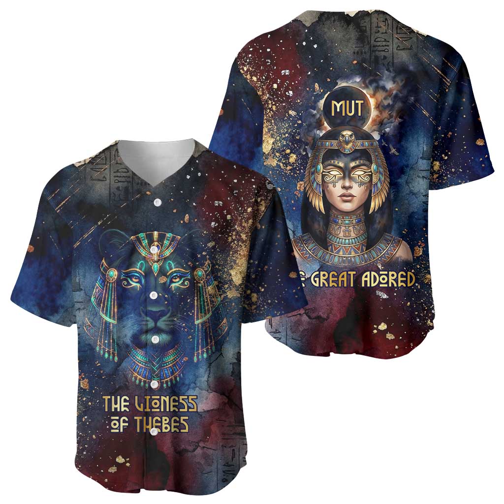 Mut Baseball Jersey The Lioness of Thebes Egyptian Goddess Cosmic Crown Adorned Warrior Queen Design