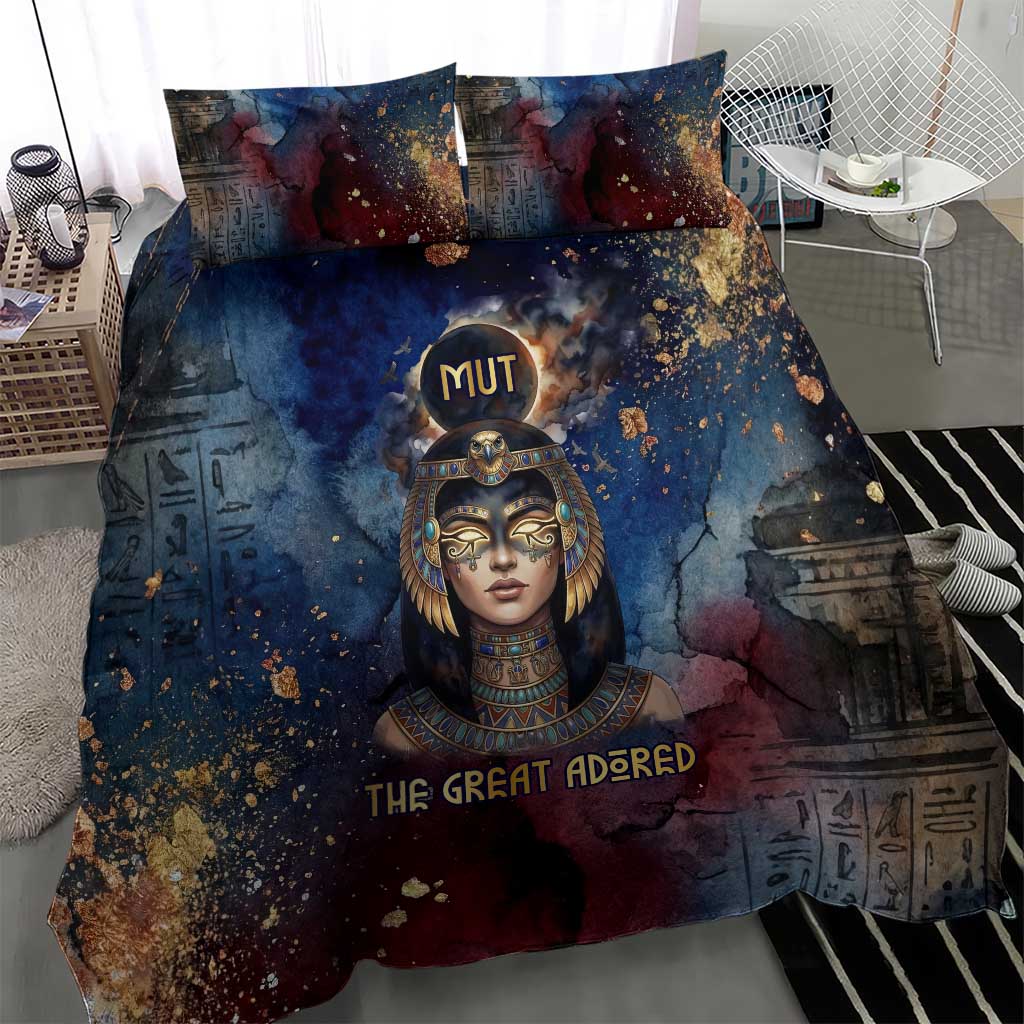 Mut Bedding Set The Lioness of Thebes Egyptian Goddess Cosmic Crown Adorned Warrior Queen Design