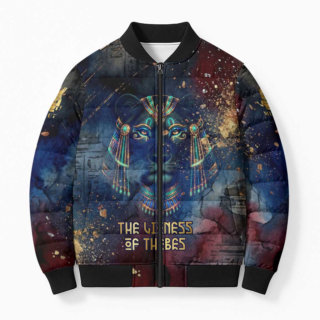 Mut Bomber Puffer Jacket The Lioness of Thebes Egyptian Goddess Cosmic Crown Adorned Warrior Queen Design