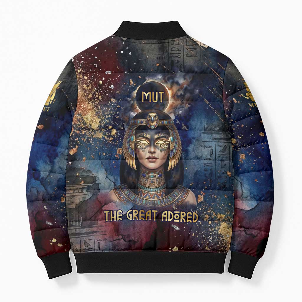 Mut Bomber Puffer Jacket The Lioness of Thebes Egyptian Goddess Cosmic Crown Adorned Warrior Queen Design