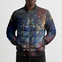 Mut Bomber Puffer Jacket The Lioness of Thebes Egyptian Goddess Cosmic Crown Adorned Warrior Queen Design