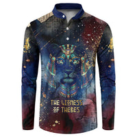 Mut Button Sweatshirt The Lioness of Thebes Egyptian Goddess Cosmic Crown Adorned Warrior Queen Design