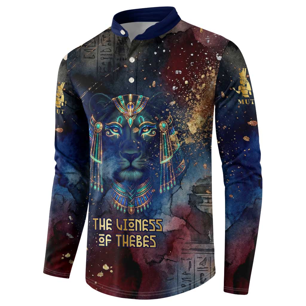 Mut Button Sweatshirt The Lioness of Thebes Egyptian Goddess Cosmic Crown Adorned Warrior Queen Design
