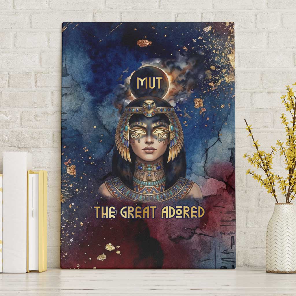 Mut Canvas Wall Art The Lioness of Thebes Egyptian Goddess Cosmic Crown Adorned Warrior Queen Design