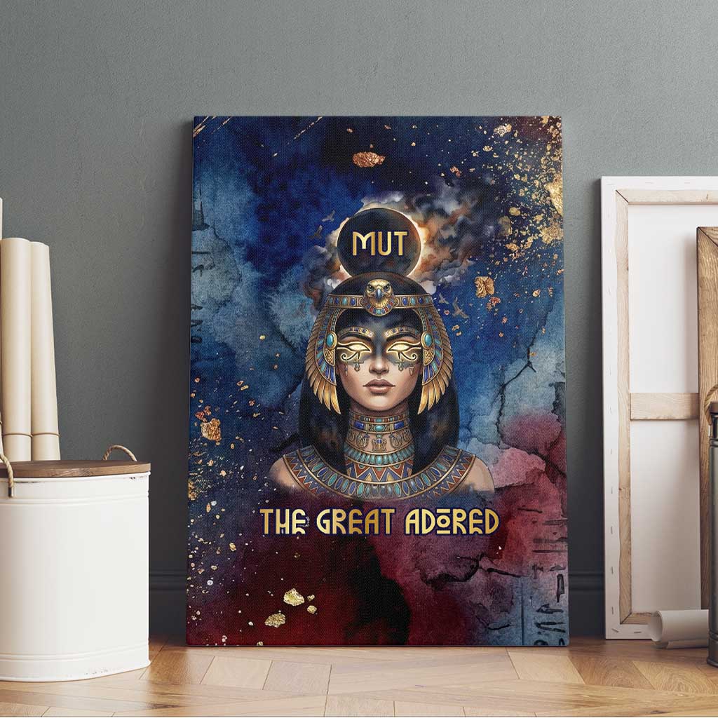 Mut Canvas Wall Art The Lioness of Thebes Egyptian Goddess Cosmic Crown Adorned Warrior Queen Design