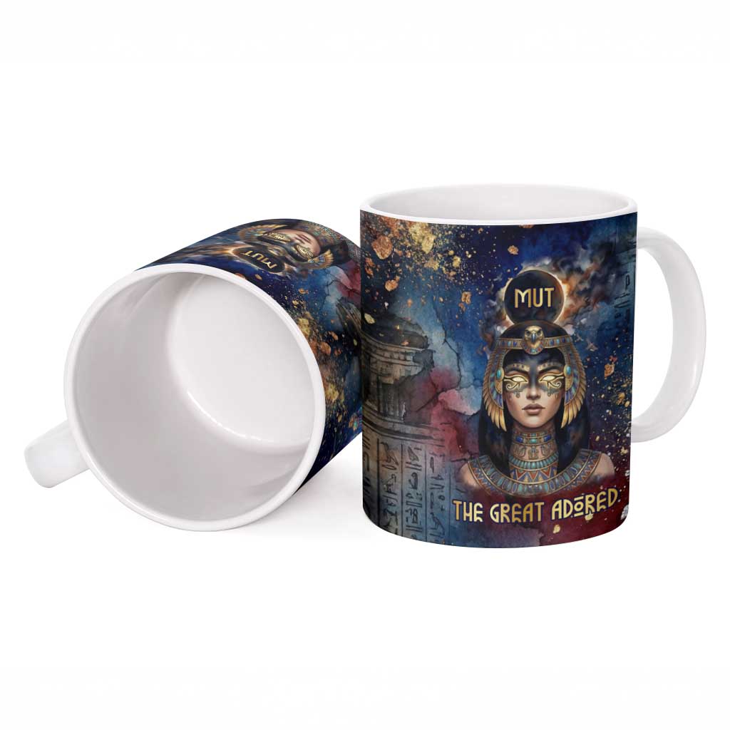Mut Ceramic Mug The Lioness of Thebes Egyptian Goddess Cosmic Crown Adorned Warrior Queen Design