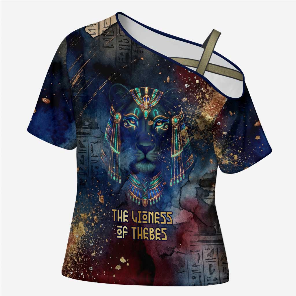 Mut Cross Shoulder Shirt The Lioness of Thebes Egyptian Goddess Cosmic Crown Adorned Warrior Queen Design