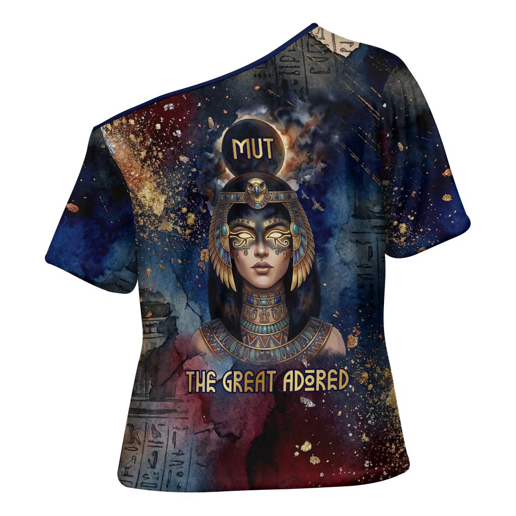 Mut Cross Shoulder Shirt The Lioness of Thebes Egyptian Goddess Cosmic Crown Adorned Warrior Queen Design