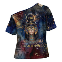 Mut Cross Shoulder Shirt The Lioness of Thebes Egyptian Goddess Cosmic Crown Adorned Warrior Queen Design