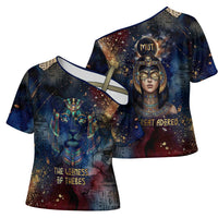 Mut Cross Shoulder Shirt The Lioness of Thebes Egyptian Goddess Cosmic Crown Adorned Warrior Queen Design