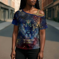 Mut Cross Shoulder Shirt The Lioness of Thebes Egyptian Goddess Cosmic Crown Adorned Warrior Queen Design