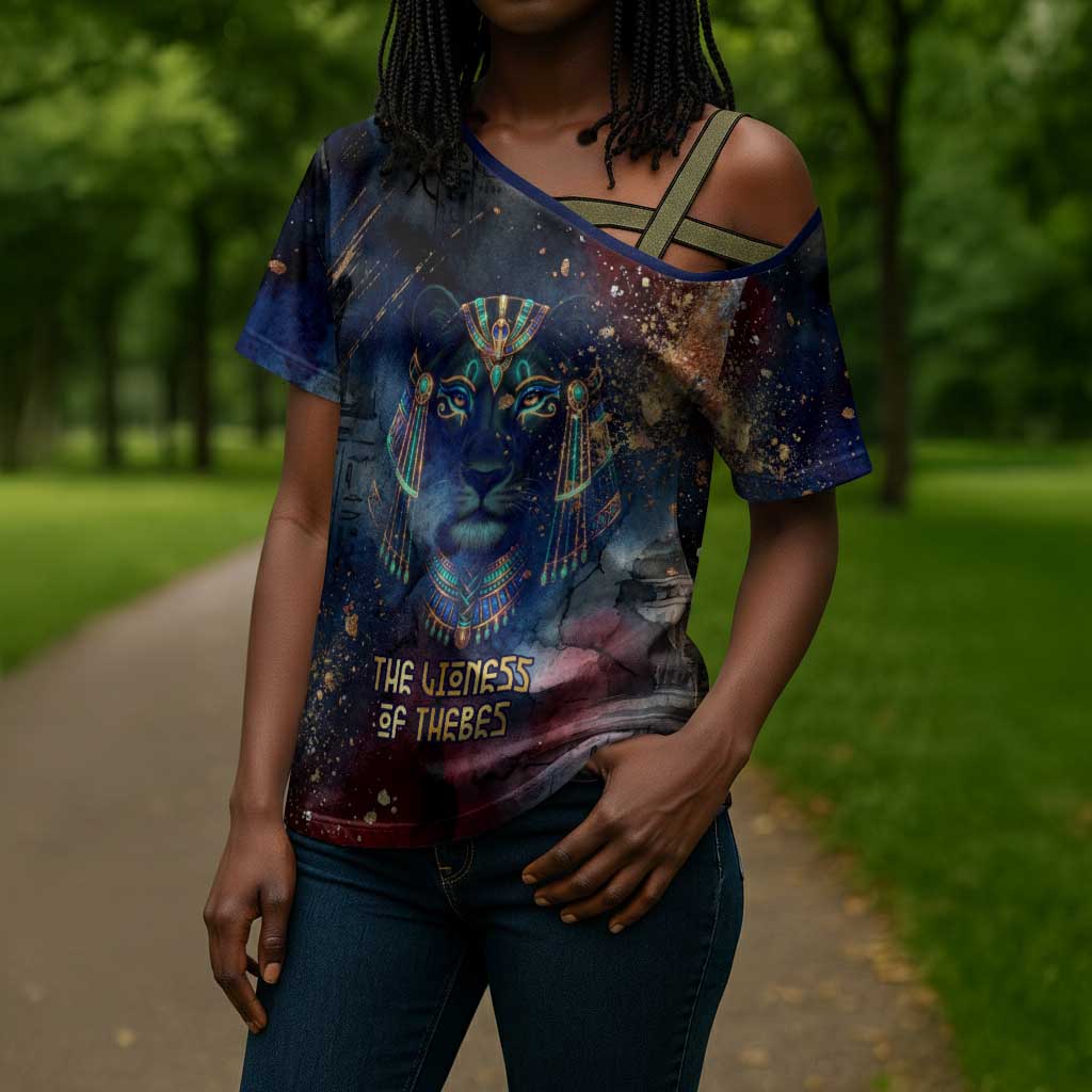 Mut Cross Shoulder Shirt The Lioness of Thebes Egyptian Goddess Cosmic Crown Adorned Warrior Queen Design