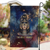 Mut Garden Flag The Lioness of Thebes Egyptian Goddess Cosmic Crown Adorned Warrior Queen Design