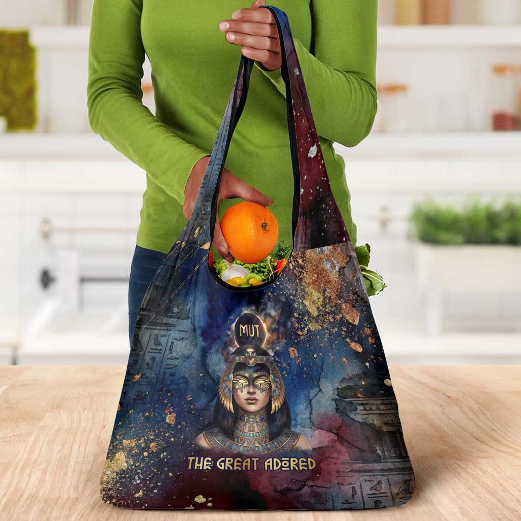 Mut Grocery Bag The Lioness of Thebes Egyptian Goddess Cosmic Crown Adorned Warrior Queen Design