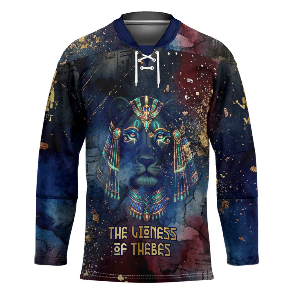 Mut Hockey Jersey The Lioness of Thebes Egyptian Goddess Cosmic Crown Adorned Warrior Queen Design