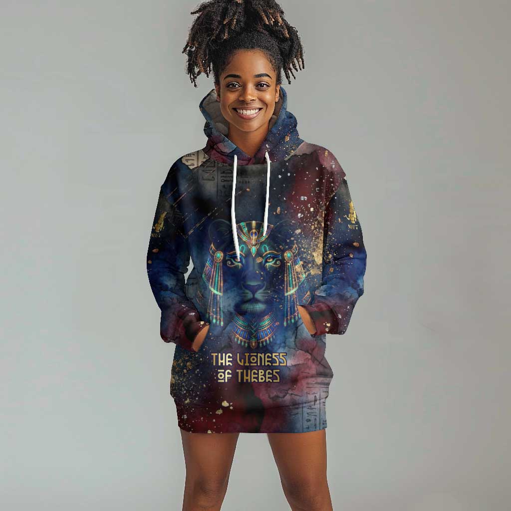 Mut Hoodie Dress The Lioness of Thebes Egyptian Goddess Cosmic Crown Adorned Warrior Queen Design