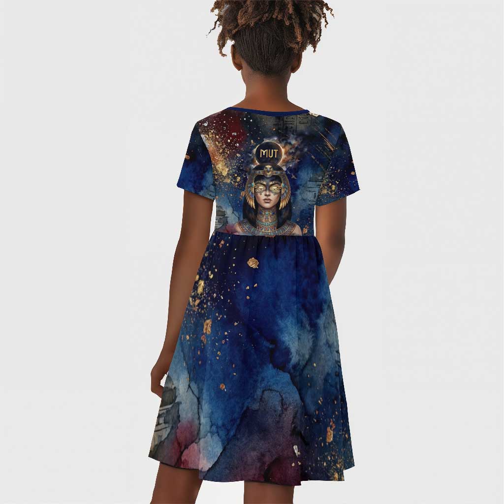 Mut Kid Short Sleeve Dress The Lioness of Thebes Egyptian Goddess Cosmic Crown Adorned Warrior Queen Design