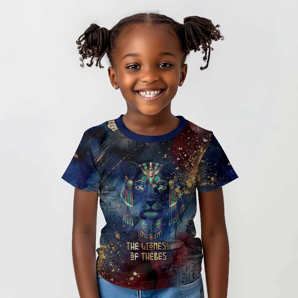 Mut Kid T shirt The Lioness of Thebes Egyptian Goddess Cosmic Crown Adorned Warrior Queen Design