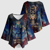 Mut Kimono Sleeve Blouse The Lioness of Thebes Egyptian Goddess Cosmic Crown Adorned Warrior Queen Design