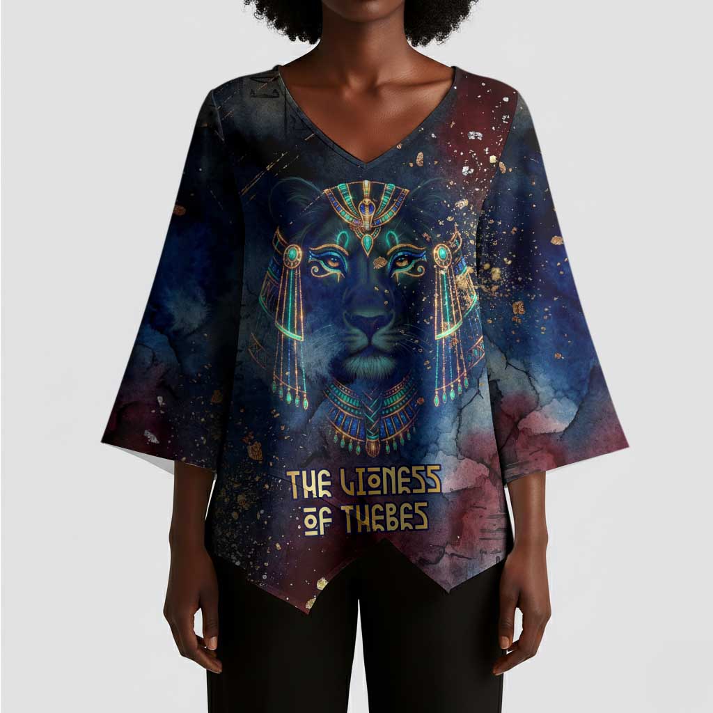 Mut Kimono Sleeve Blouse The Lioness of Thebes Egyptian Goddess Cosmic Crown Adorned Warrior Queen Design