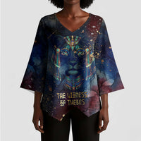 Mut Kimono Sleeve Blouse The Lioness of Thebes Egyptian Goddess Cosmic Crown Adorned Warrior Queen Design