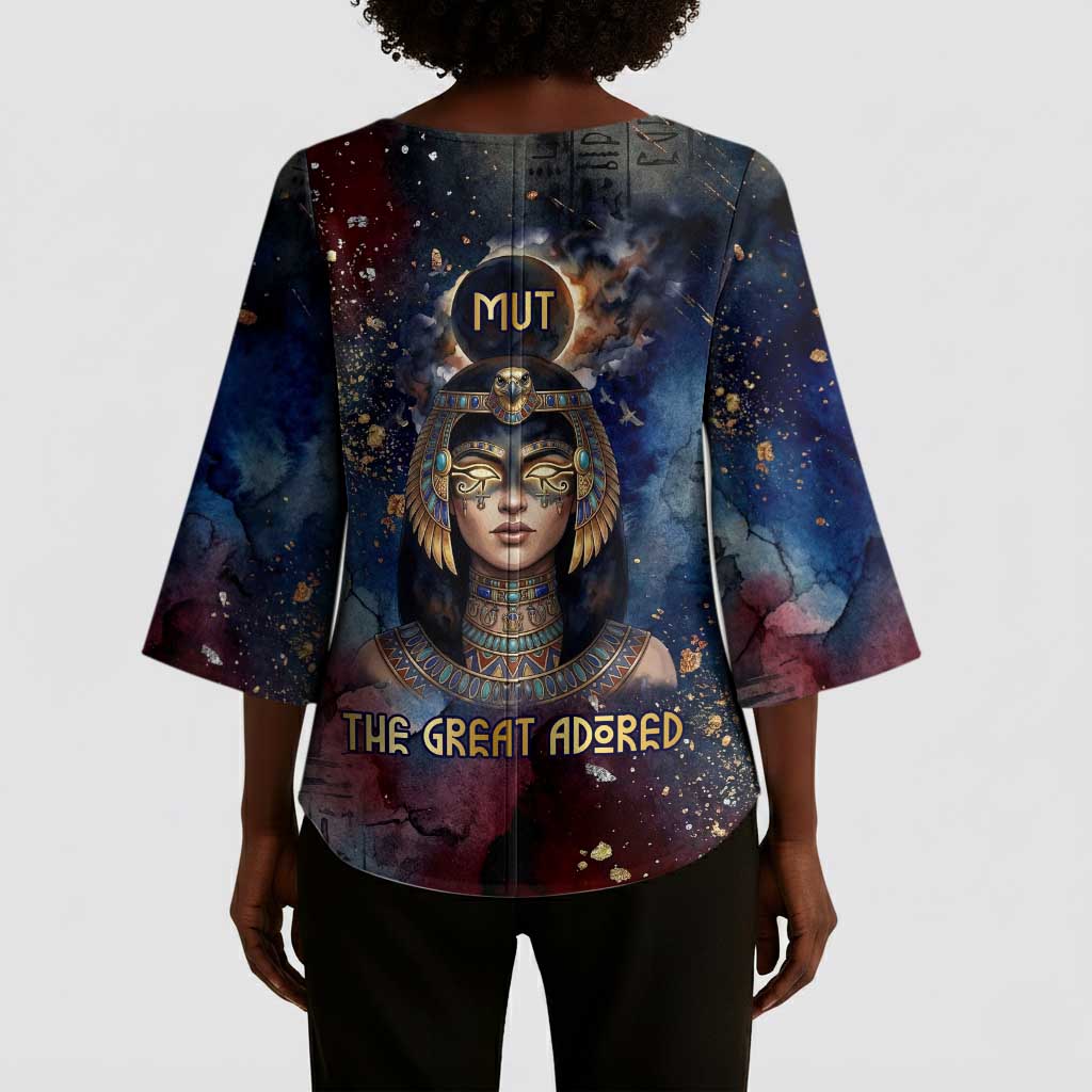 Mut Kimono Sleeve Blouse The Lioness of Thebes Egyptian Goddess Cosmic Crown Adorned Warrior Queen Design