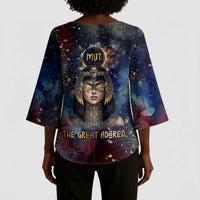 Mut Kimono Sleeve Blouse The Lioness of Thebes Egyptian Goddess Cosmic Crown Adorned Warrior Queen Design