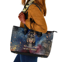 Mut Leather Tote Bag The Lioness of Thebes Egyptian Goddess Cosmic Crown Adorned Warrior Queen Design