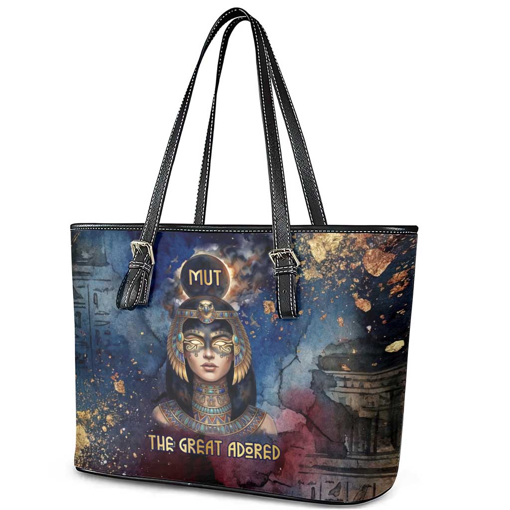 Mut Leather Tote Bag The Lioness of Thebes Egyptian Goddess Cosmic Crown Adorned Warrior Queen Design
