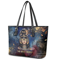 Mut Leather Tote Bag The Lioness of Thebes Egyptian Goddess Cosmic Crown Adorned Warrior Queen Design