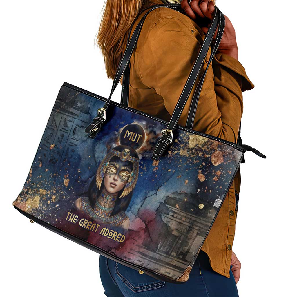 Mut Leather Tote Bag The Lioness of Thebes Egyptian Goddess Cosmic Crown Adorned Warrior Queen Design