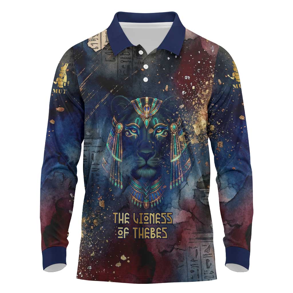 Mut Long Sleeve Polo Shirt The Lioness of Thebes Egyptian Goddess Cosmic Crown Adorned Warrior Queen Design