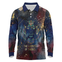 Mut Long Sleeve Polo Shirt The Lioness of Thebes Egyptian Goddess Cosmic Crown Adorned Warrior Queen Design