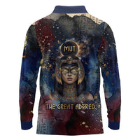 Mut Long Sleeve Polo Shirt The Lioness of Thebes Egyptian Goddess Cosmic Crown Adorned Warrior Queen Design